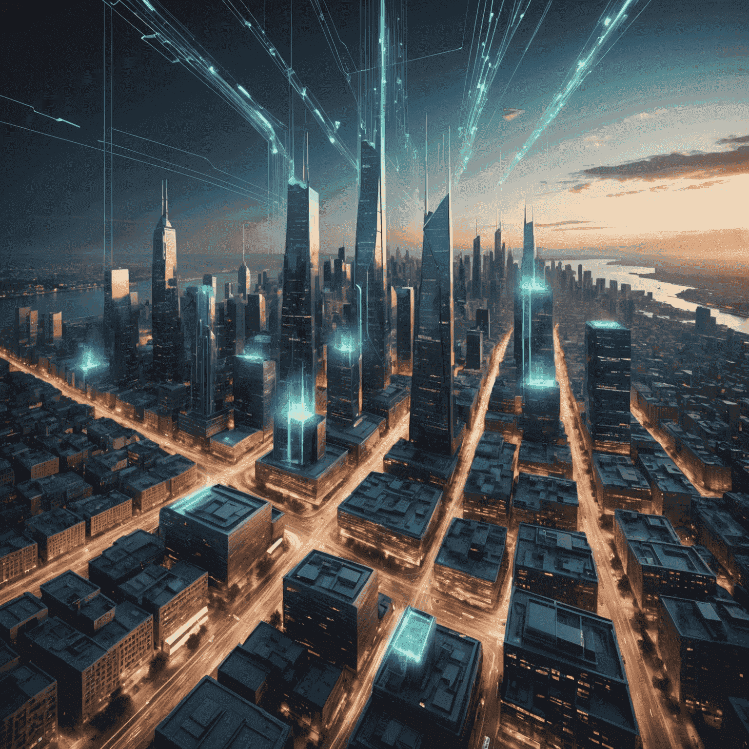 Futuristic cityscape with visible data streams representing emerging internet technologies