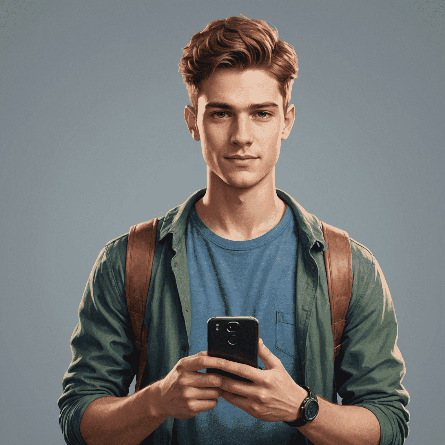 A young man in his 20s with a casual style, holding a smartphone, representing our mobile expert Mike